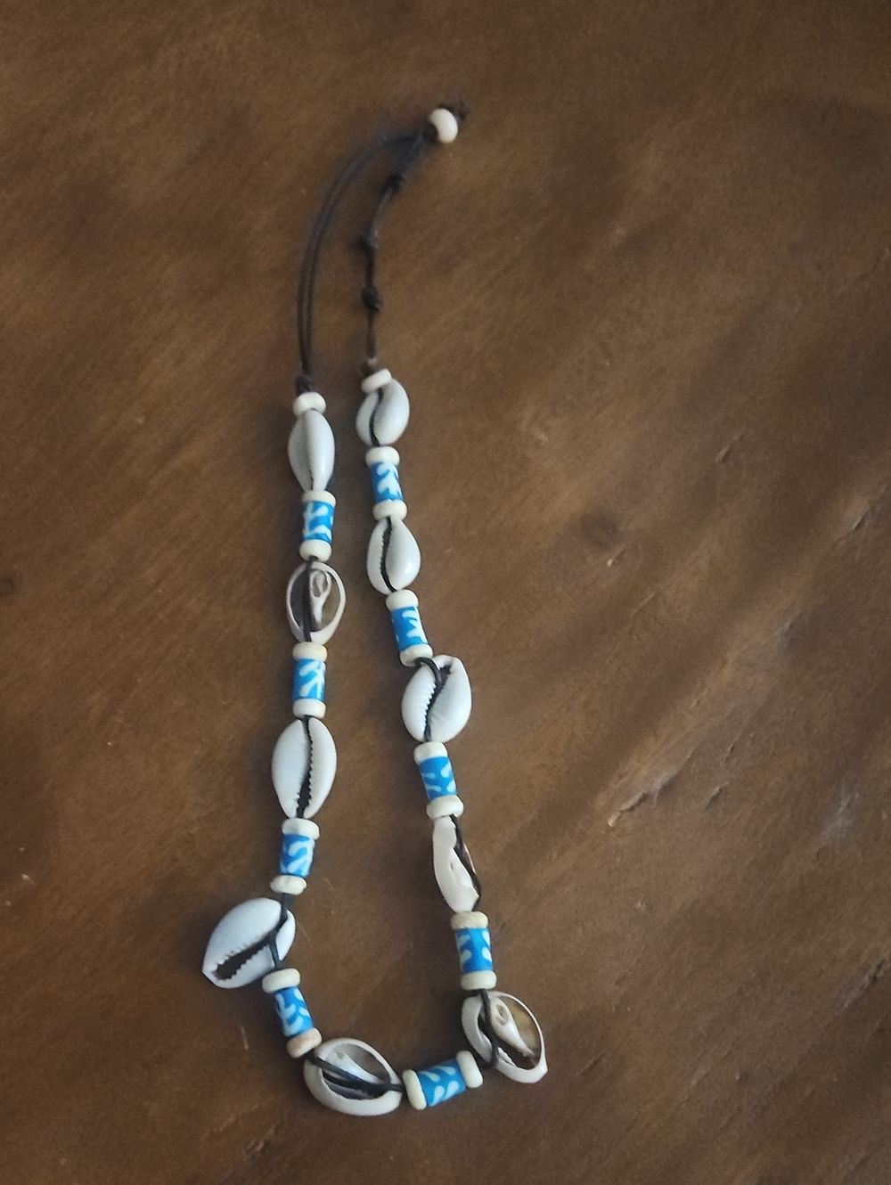 Vintage Y2K Cowrie Shell Necklace with Blue Patterned Boho Beads